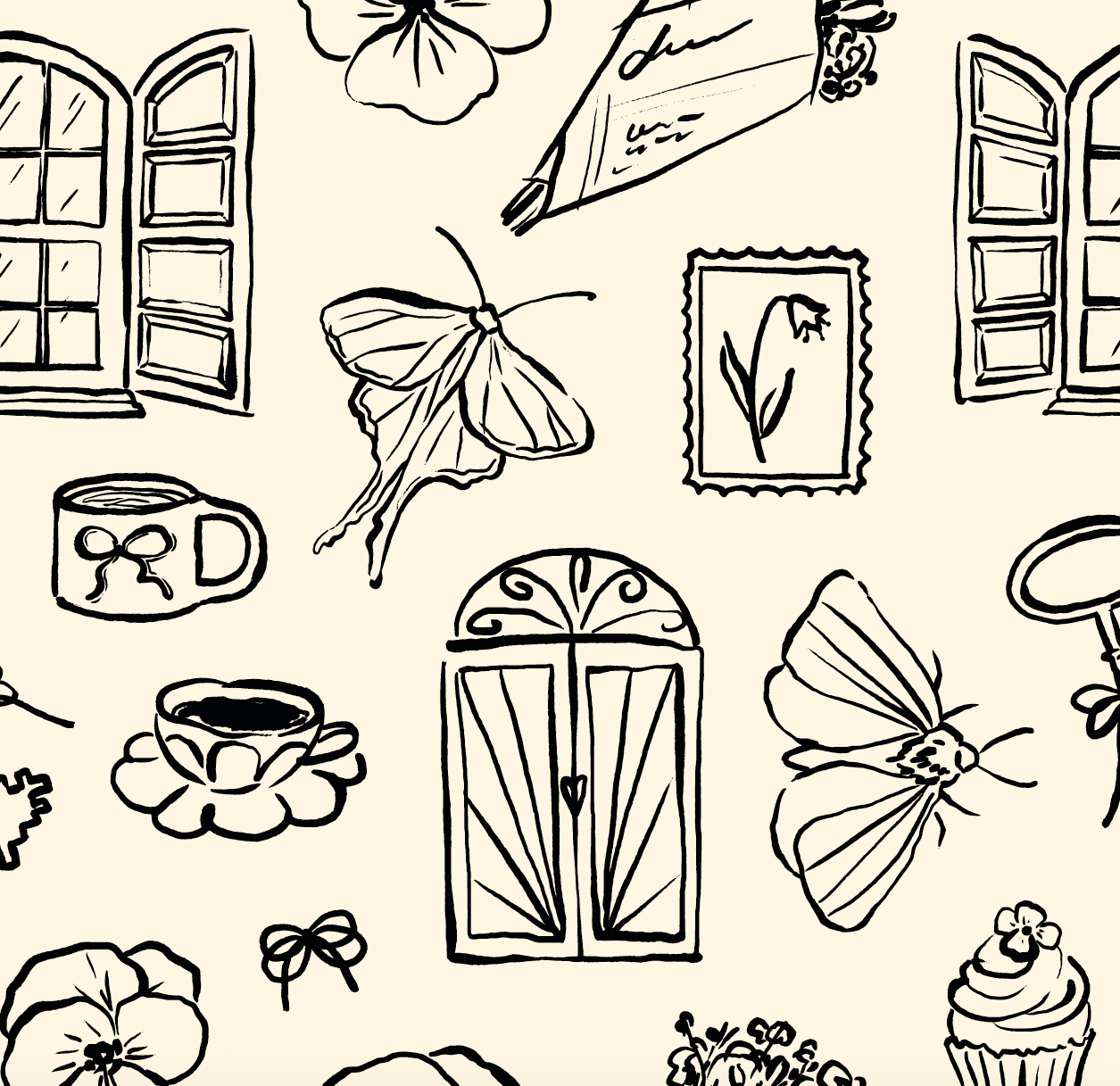 Lucille Cream and Black Removable Wallpaper Vintage Illustrative