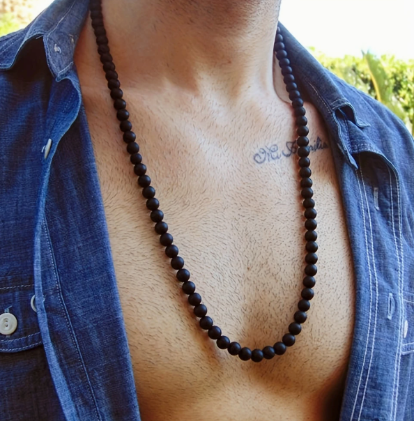 Matte Black Beaded Necklace – 8mm Beads – 27.5-Inch Length