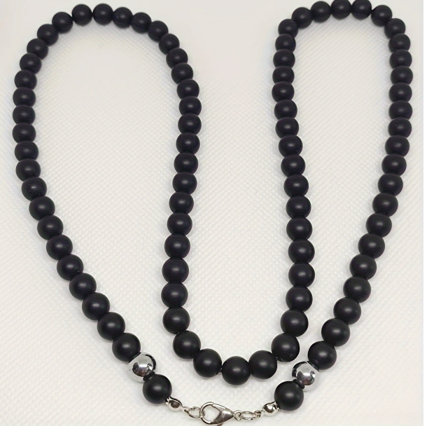 Matte Black Beaded Necklace – 8mm Beads – 27.5-Inch Length