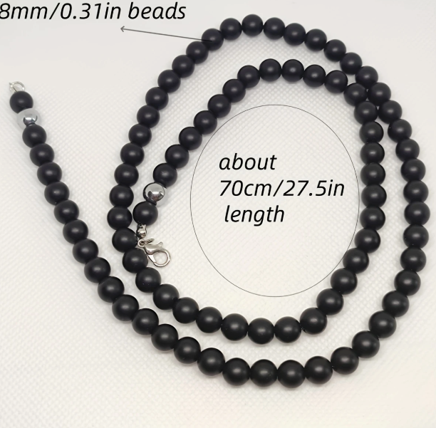 Matte Black Beaded Necklace – 8mm Beads – 27.5-Inch Length