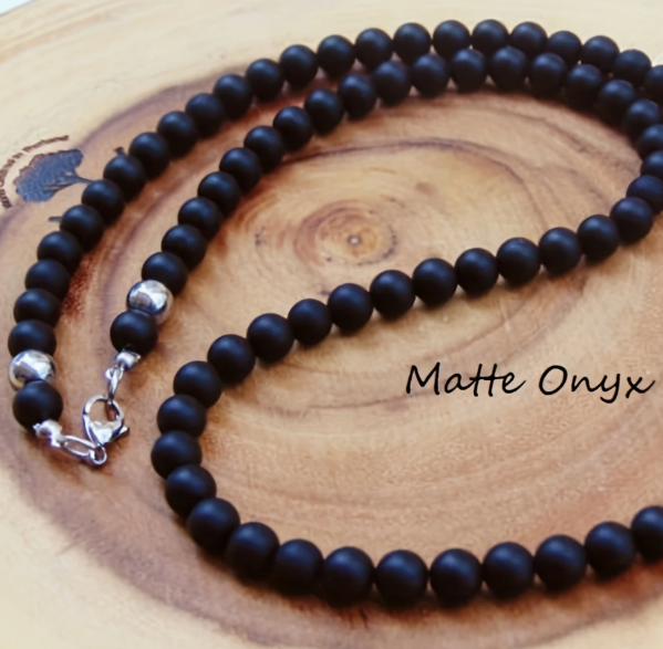 Matte Black Beaded Necklace – 8mm Beads – 27.5-Inch Length