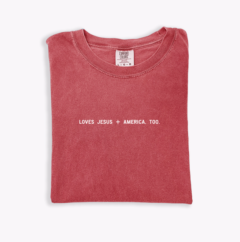 Loves Jesus + America, Too. graphic t-shirt in soft ringspun cotton
