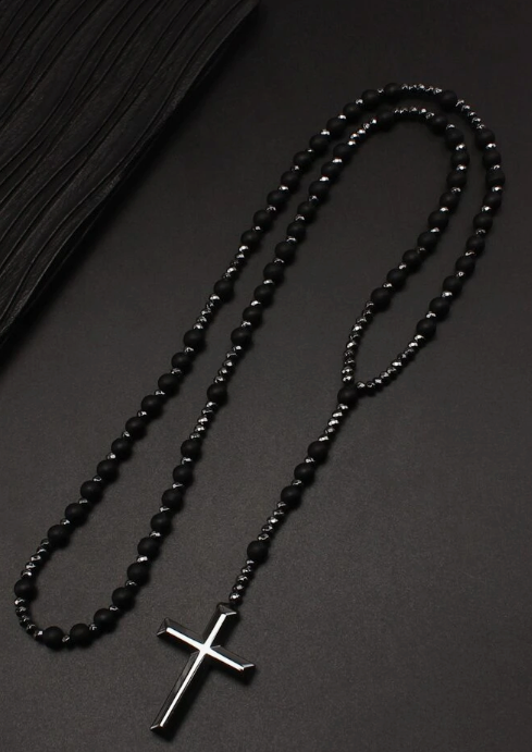 Black Beaded Cross Necklace – Sleek Gothic-Inspired Rosary Style