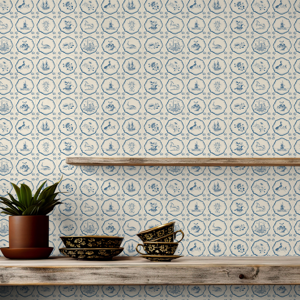 Fitz Wallpaper in Cream and Blue Traditional Coastal Style