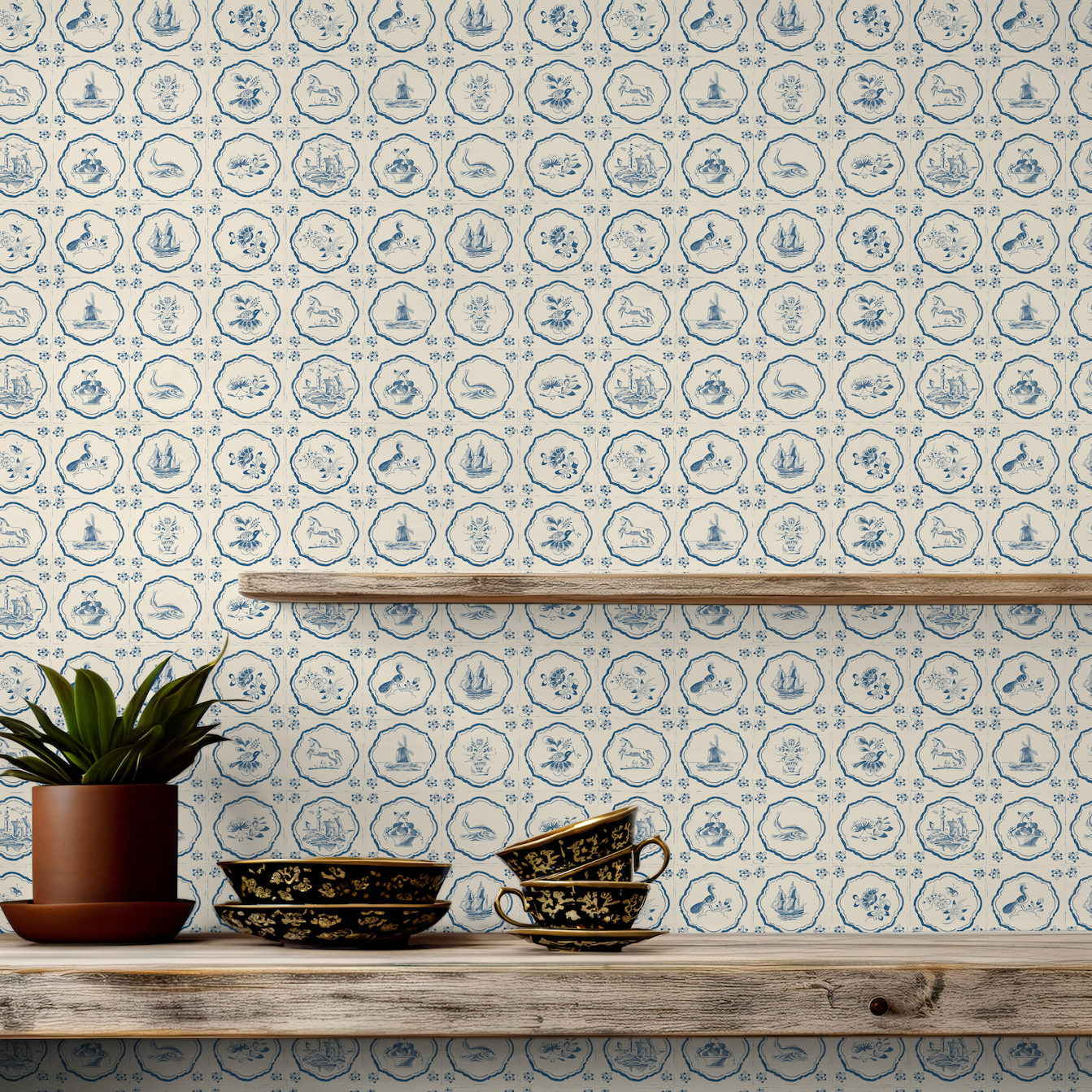 Fitz Wallpaper in Cream and Blue Traditional Coastal Style