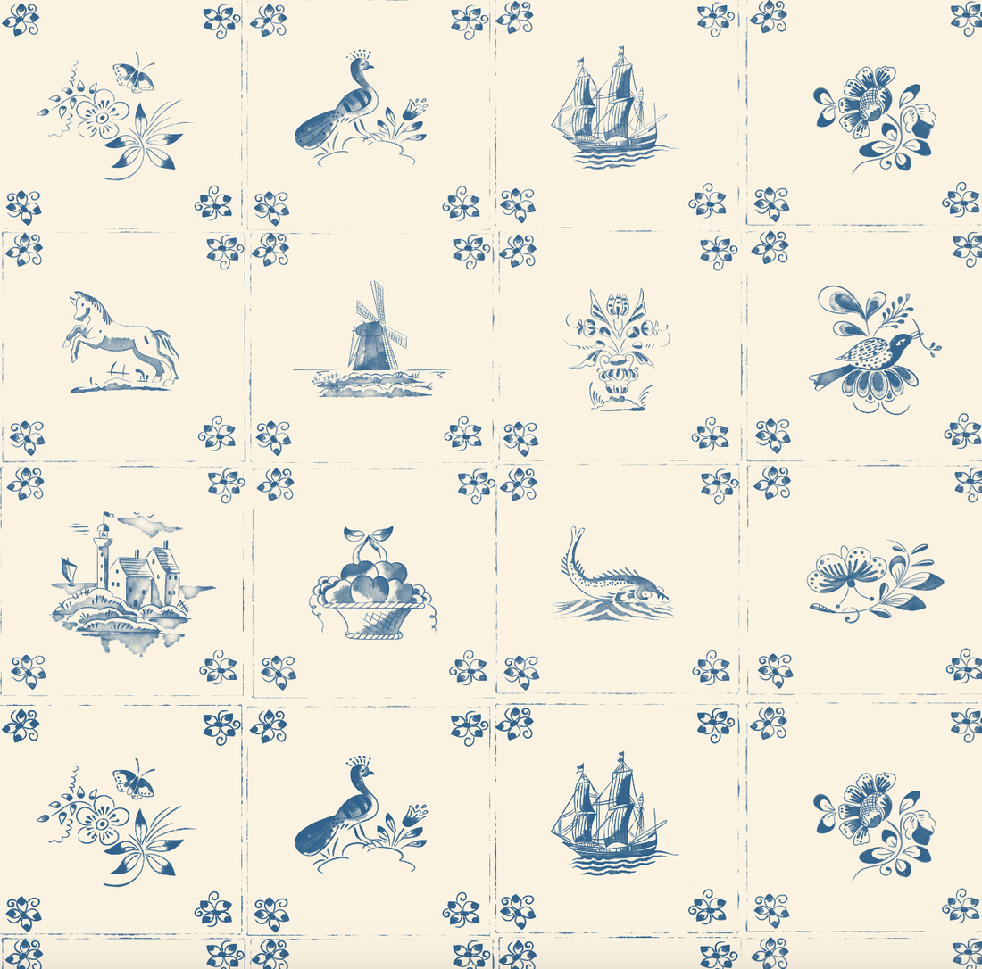 Fitz Wallpaper in Cream and Blue Traditional Coastal Style