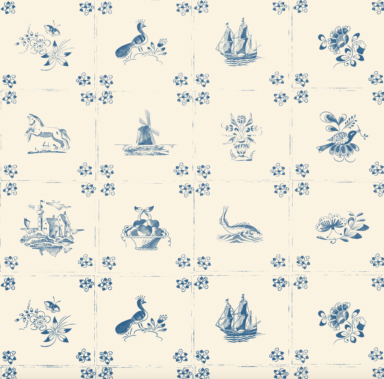Fitz Wallpaper in Cream and Blue Traditional Coastal Style
