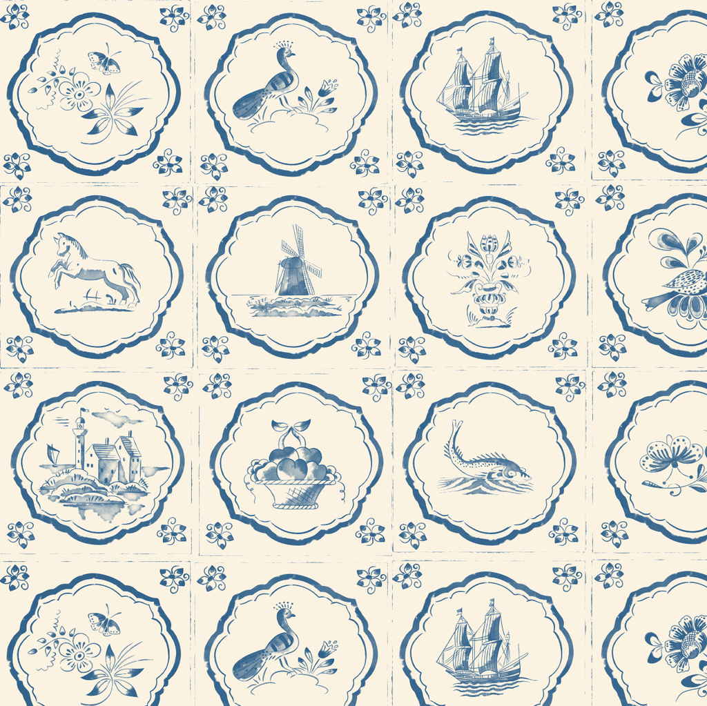 Fitz Wallpaper in Cream and Blue Traditional Coastal Style