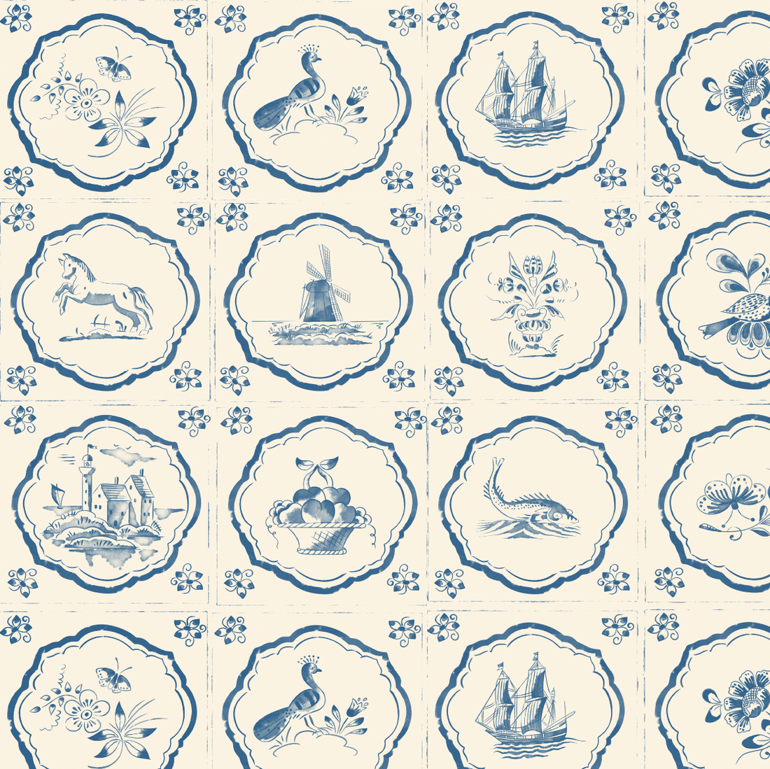 Fitz Wallpaper in Cream and Blue Traditional Coastal Style