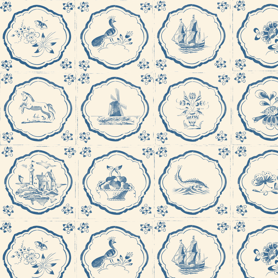 Fitz Wallpaper in Cream and Blue Traditional Coastal Style
