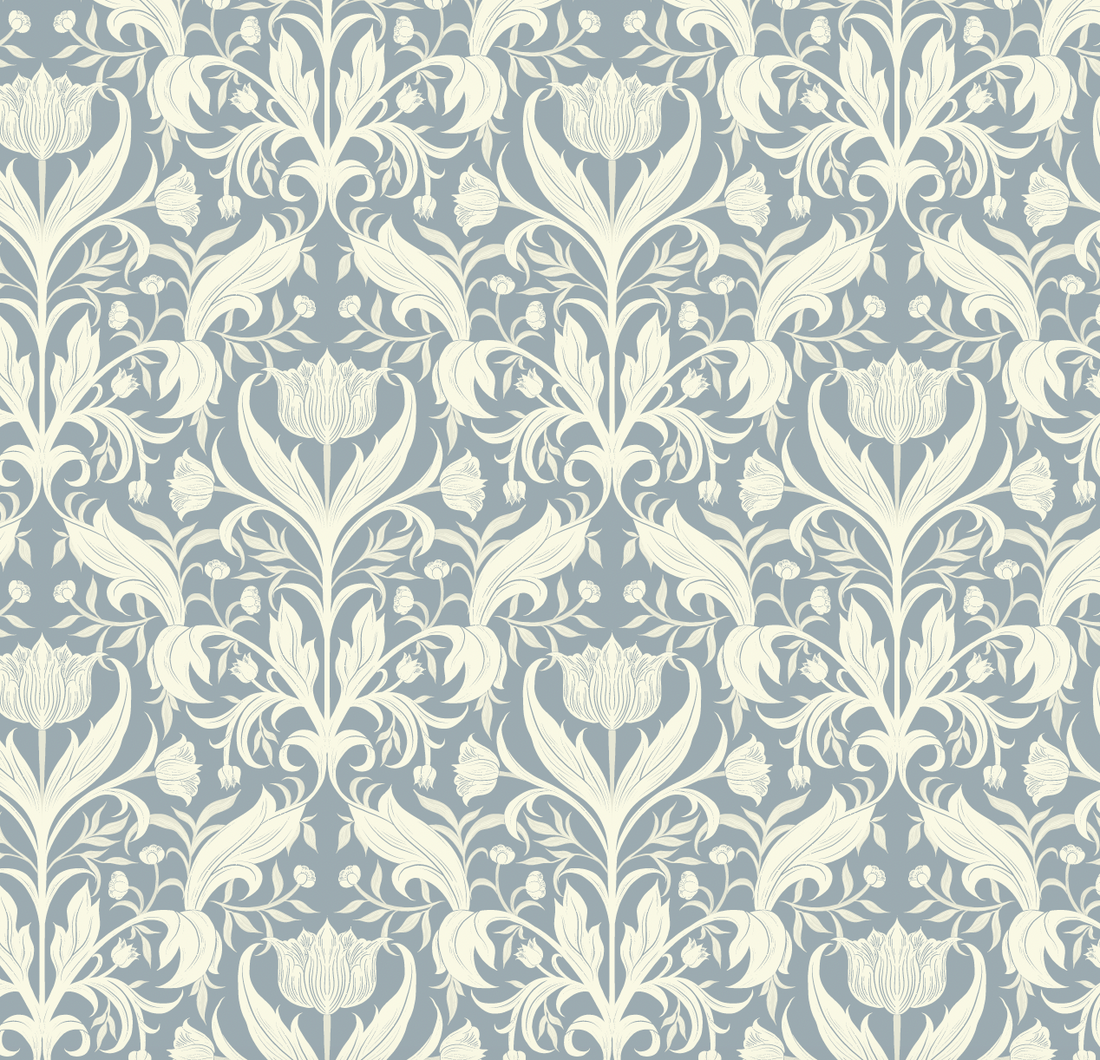 Dorthea Floral Removable Wallpaper in Blue, Beige, and Olive