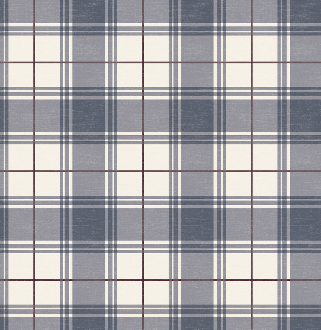 Corbin Plaid Wallpaper: Slate-Blue, Cream & Dark-Maroon Preppy