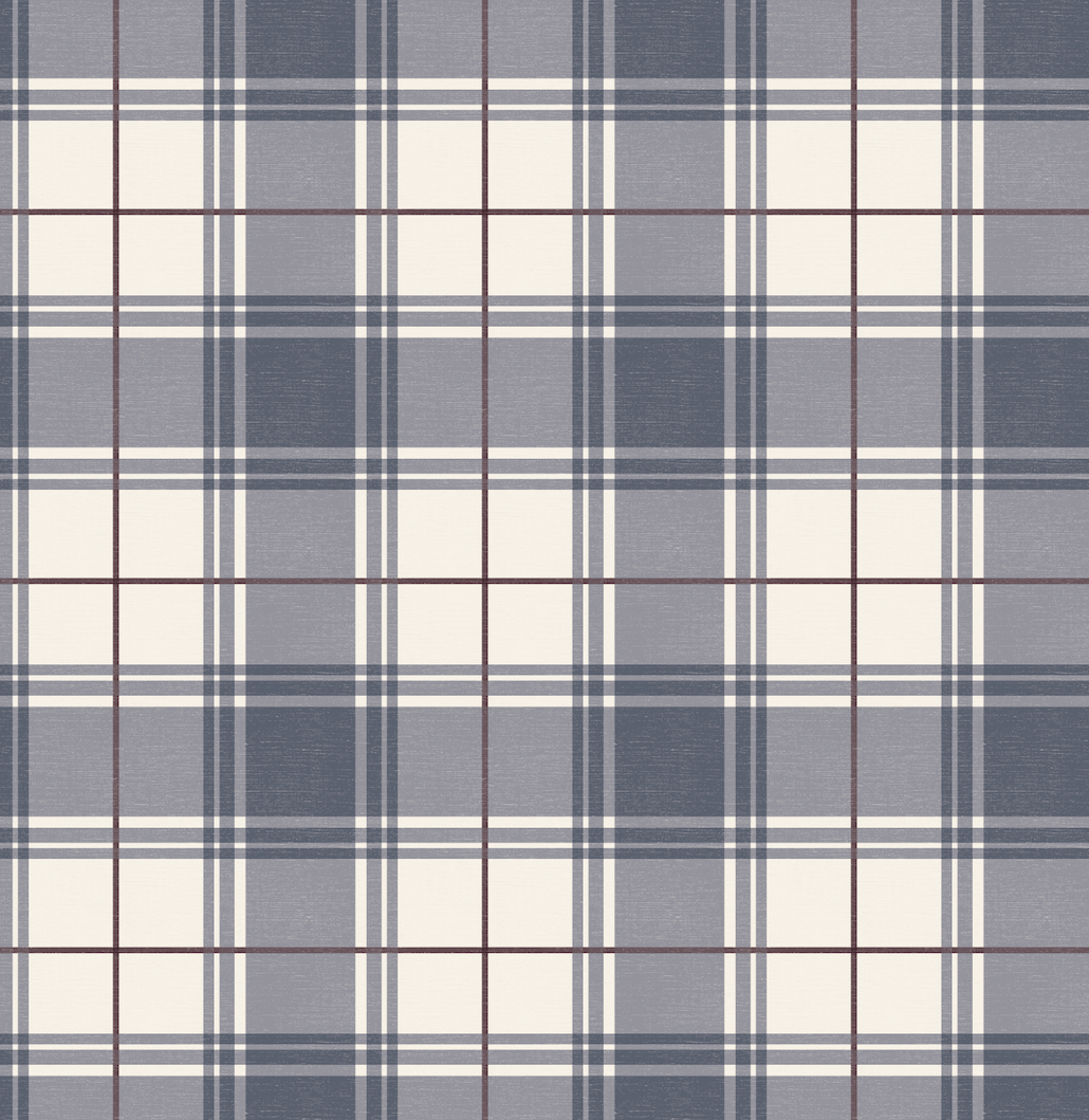 Corbin Plaid Wallpaper: Slate-Blue, Cream & Dark-Maroon Preppy
