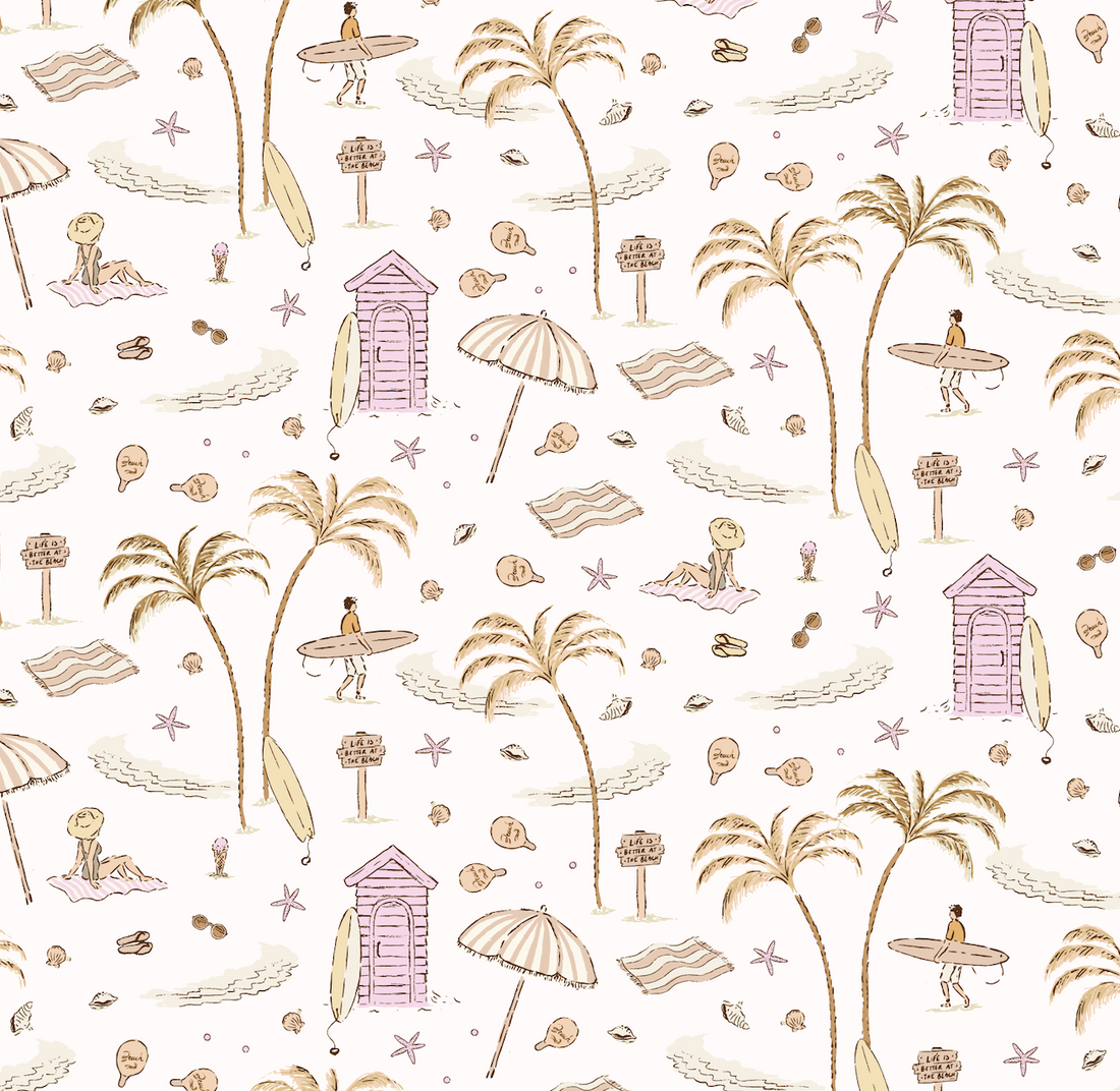 Reef Coastal Wallpaper in Sage-Green, Tan, and Pastel-Pink