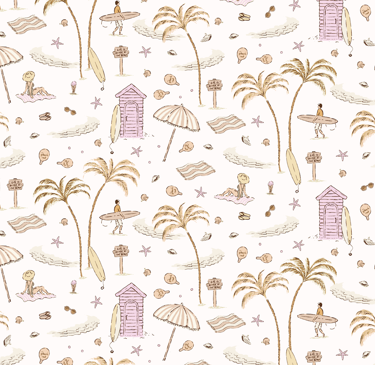 Reef Coastal Wallpaper in Sage-Green, Tan, and Pastel-Pink
