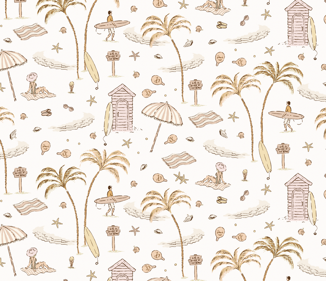 Reef Coastal Wallpaper in Sage-Green, Tan, and Pastel-Pink