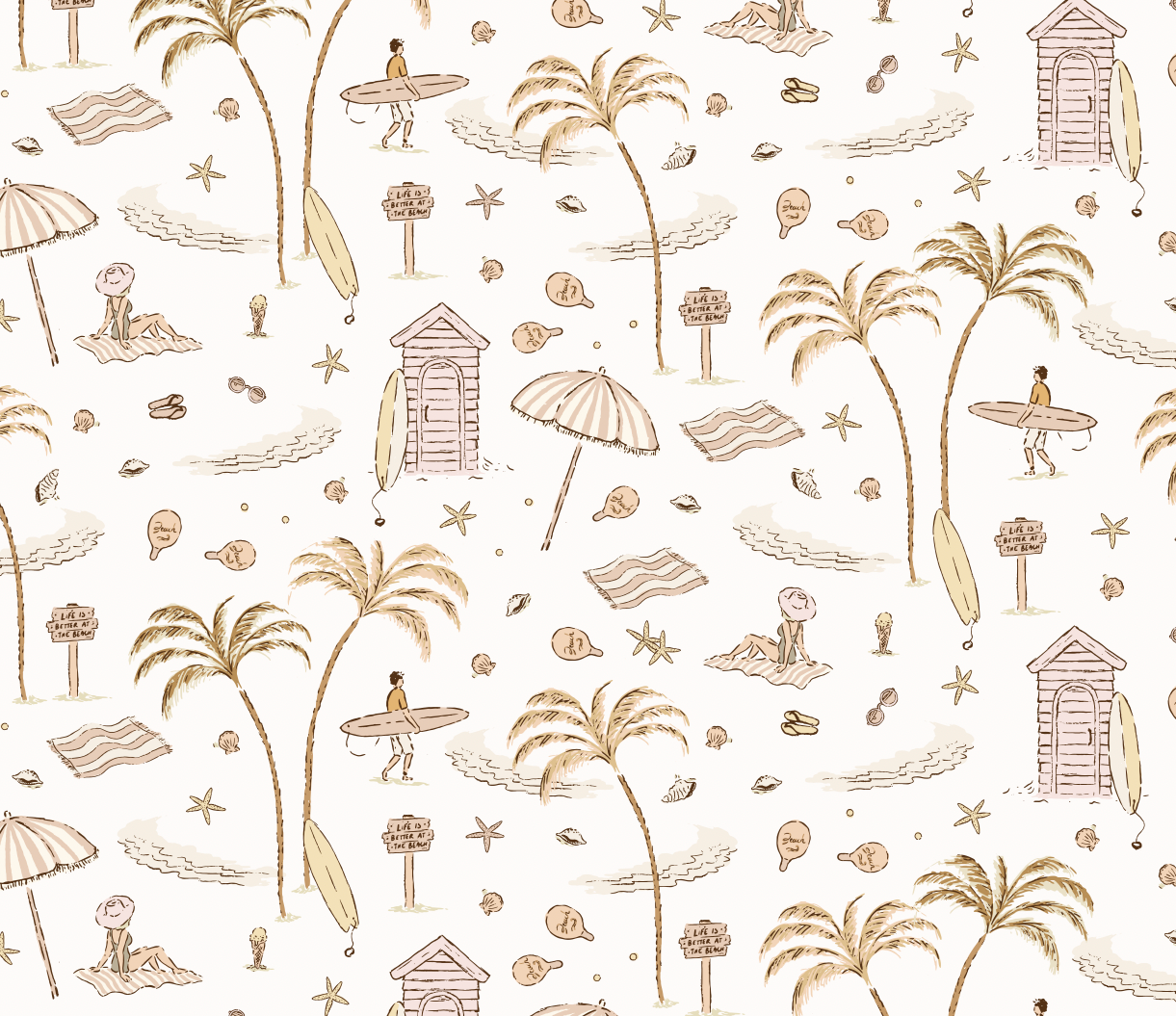 Reef Coastal Wallpaper in Sage-Green, Tan, and Pastel-Pink
