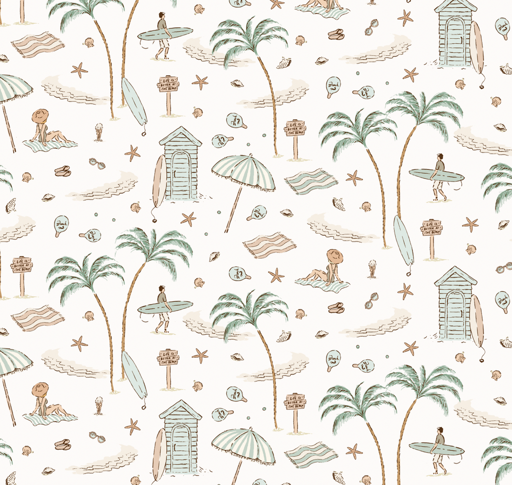 Reef Coastal Wallpaper in Sage-Green, Tan, and Pastel-Pink
