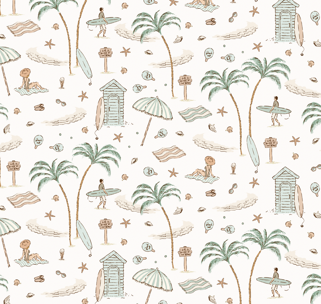 Reef Coastal Wallpaper in Sage-Green, Tan, and Pastel-Pink