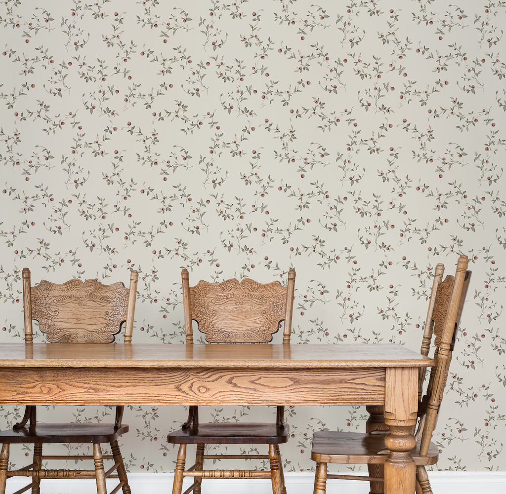 Gala Floral Wallpaper: Sage-Green, Cream & Muted-Red Cottagecore