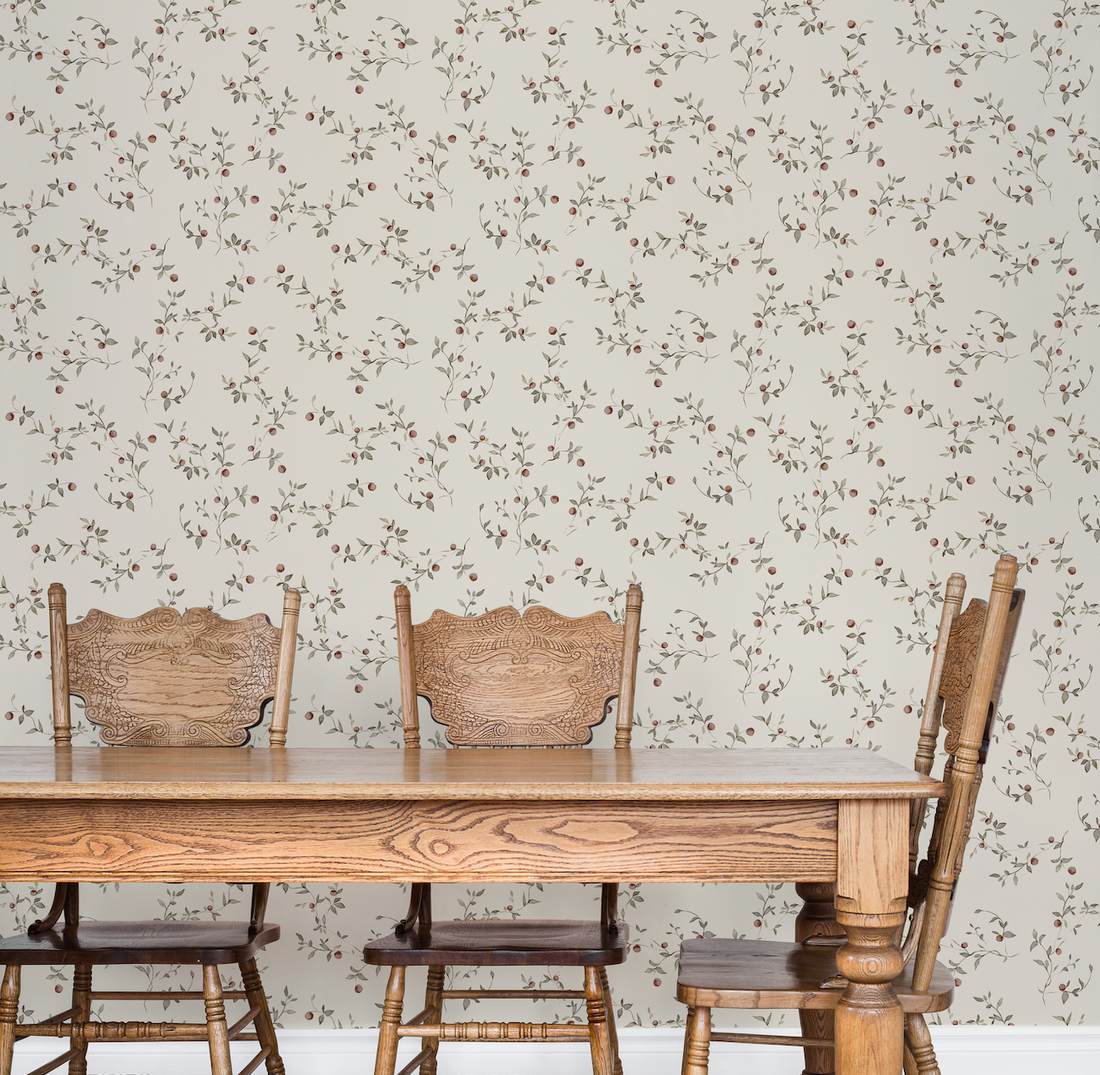 Gala Floral Wallpaper: Sage-Green, Cream & Muted-Red Cottagecore