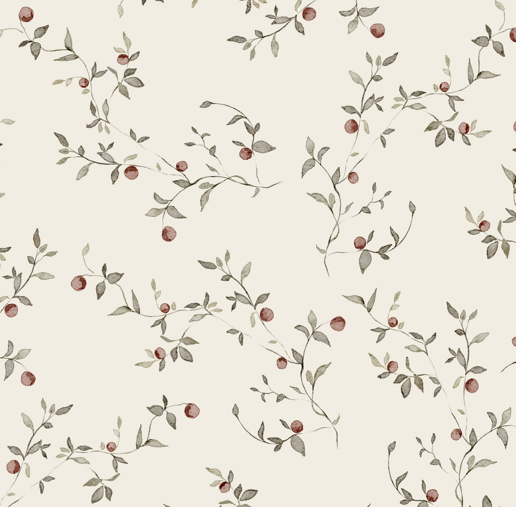 Gala Floral Wallpaper: Sage-Green, Cream & Muted-Red Cottagecore
