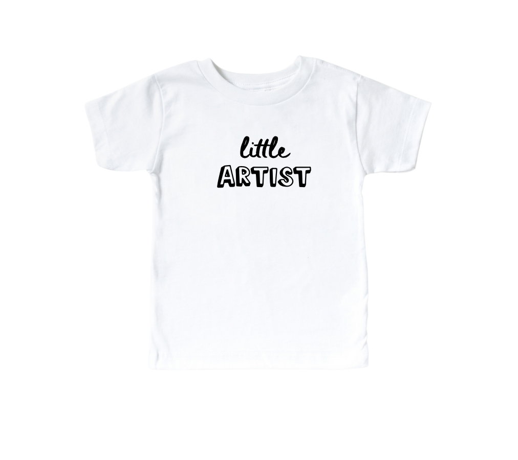 Kids Little Artist graphic tee in soft cotton available in white, pink, and charcoal
