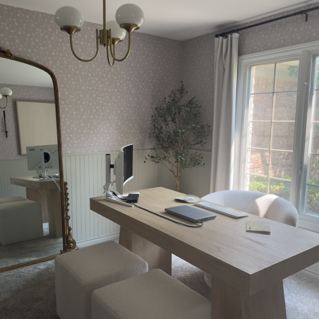 Madison floral wallpaper in dusty-rose and white installed in a modern nursery