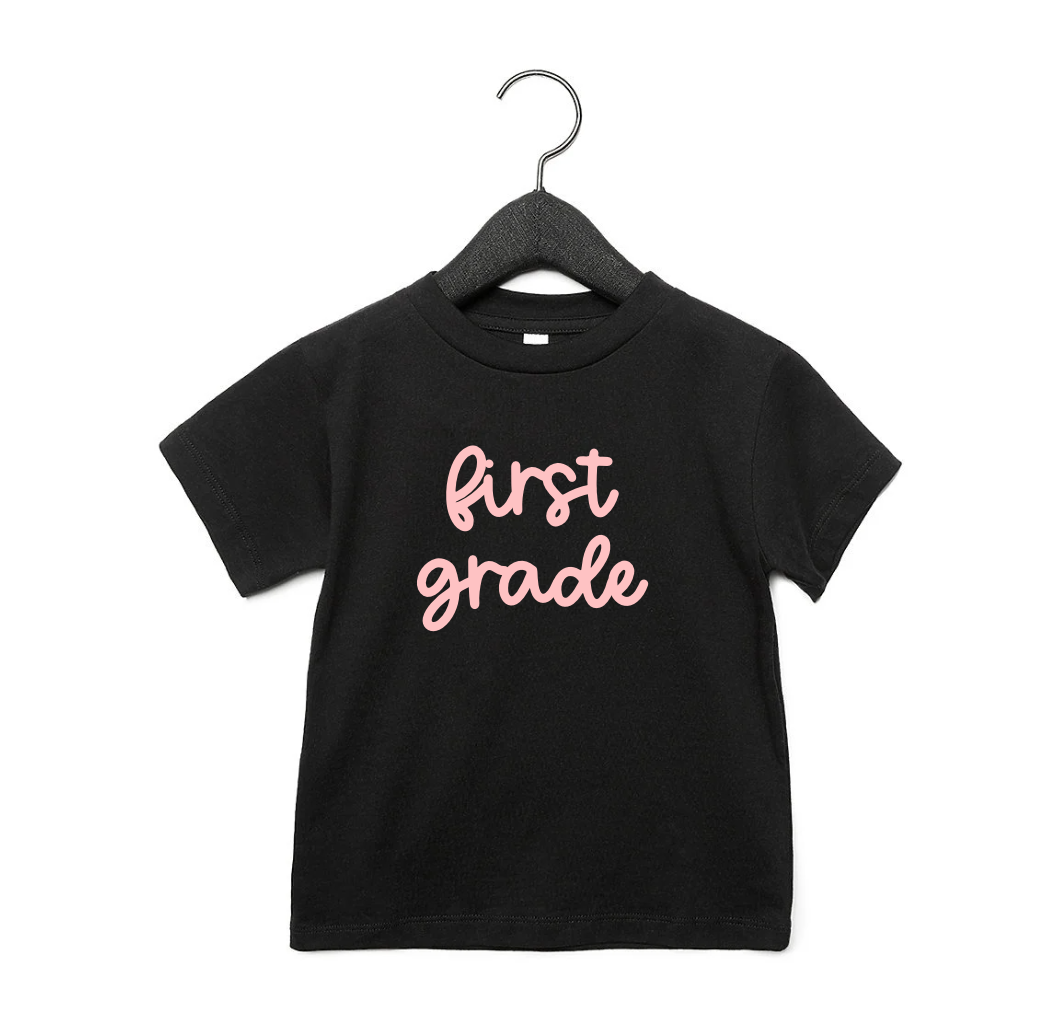 First Grade Girly Tee for School in Black, White, and Pink