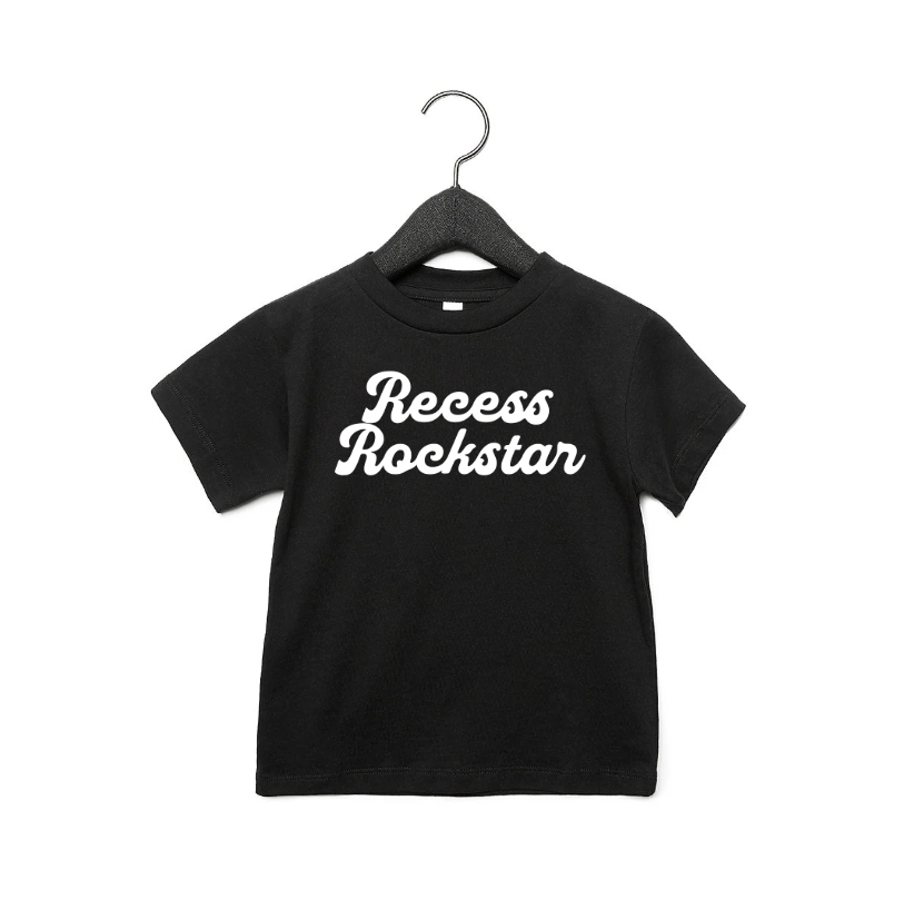 Unisex Recess Rockstar cotton tee in black, perfect for active kids.