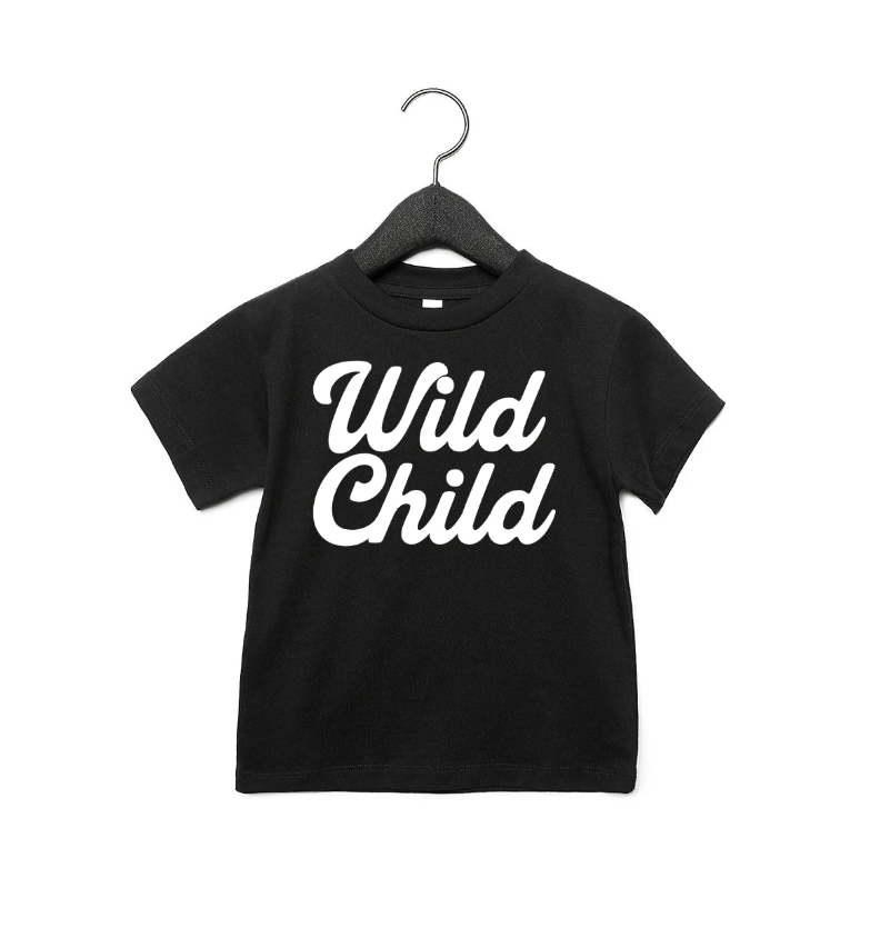 A black Wild Child kids graphic t-shirt, casual and durable for play.