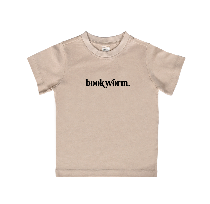 Minimalist natural-colored Bookworm kids tee made from a soft cotton-poly blend