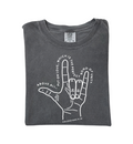 A charcoal grey Colossians 3:14 graphic t-shirt laid flat, minimal design.