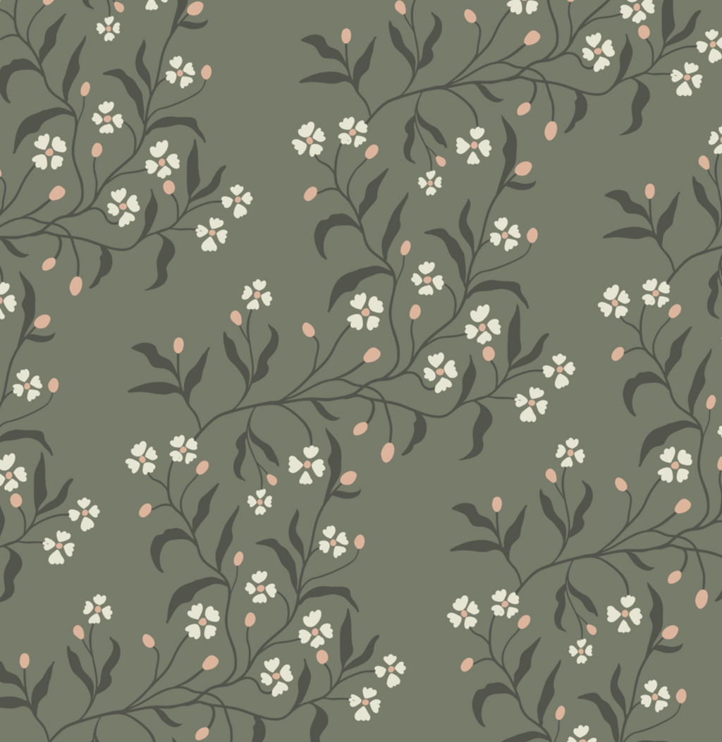 Rainey Floral Botanical Wallpaper in Sage Green and Dusty Pink