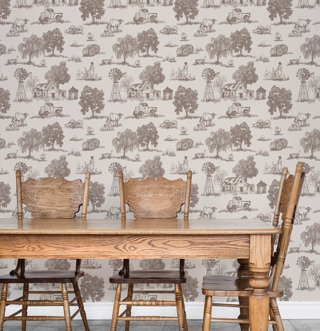 Winona Vintage Farmhouse Wallpaper in Grey and Off-White