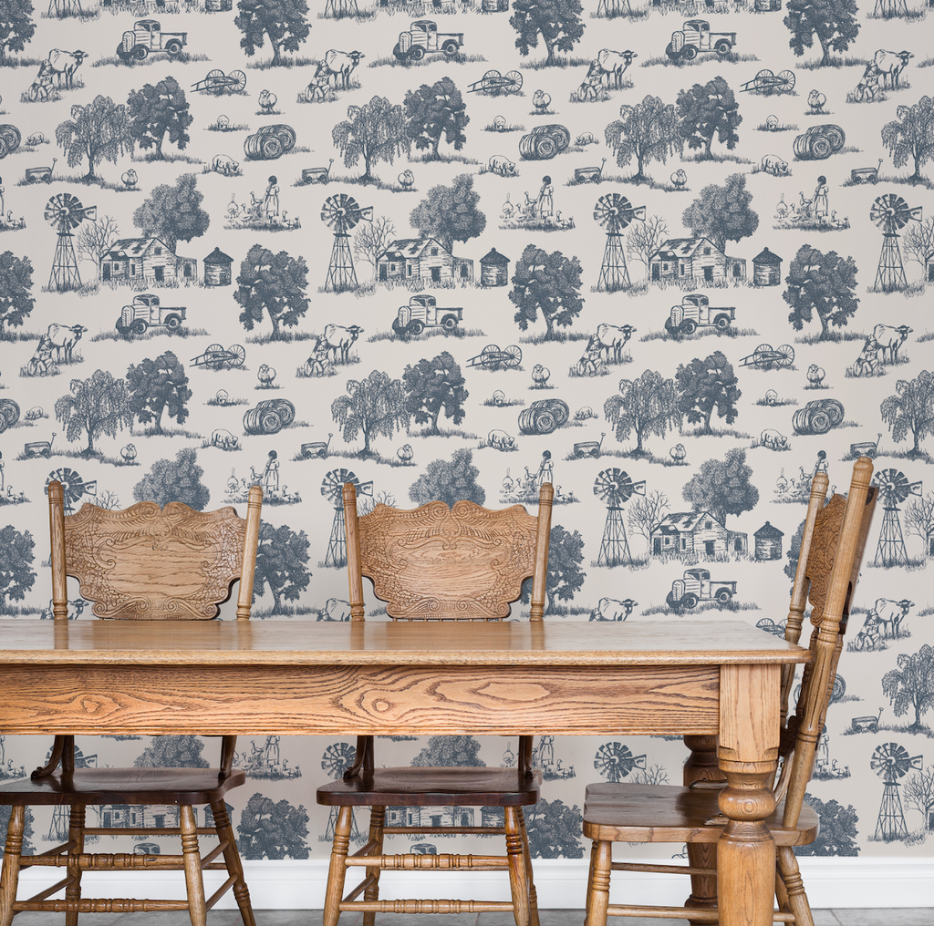 Winona vintage farmhouse wallpaper in grey and off-white pattern