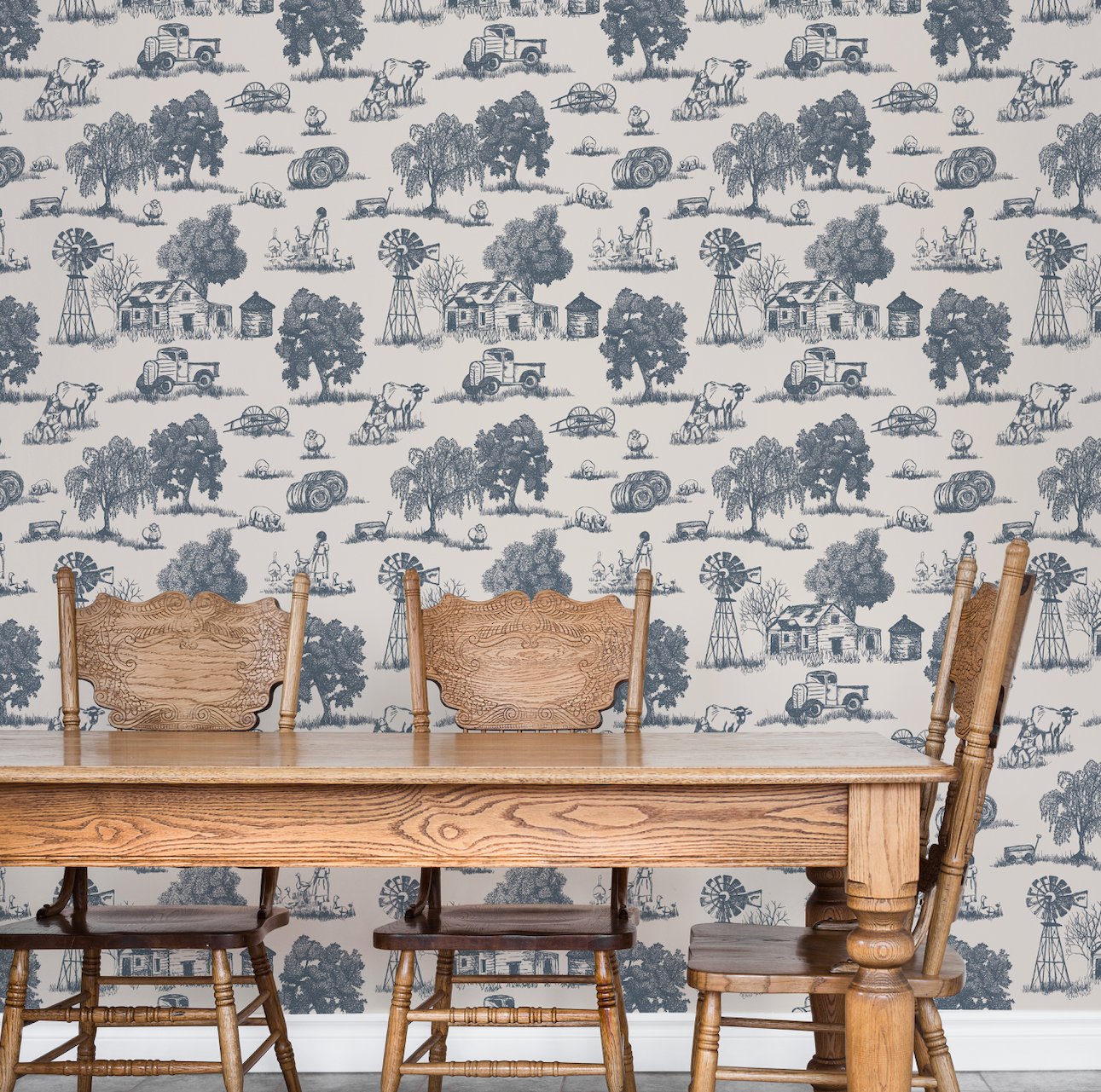 Winona vintage farmhouse wallpaper in grey and off-white pattern