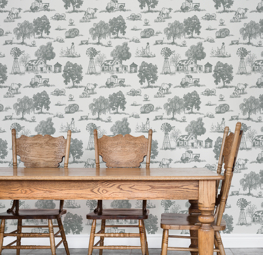 Winona Vintage Farmhouse Wallpaper in Grey and Off-White