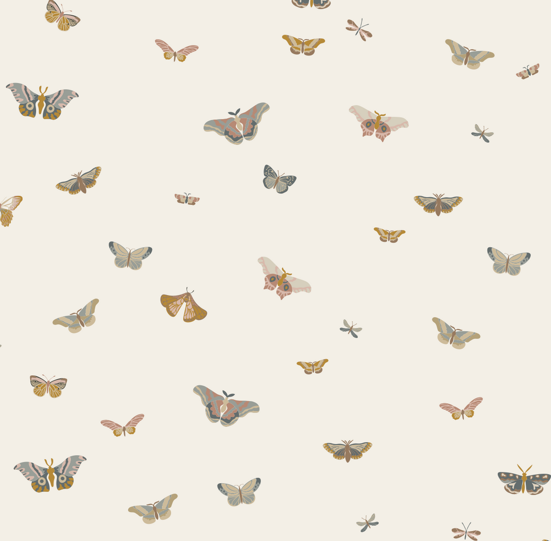 Butterfly Wallpaper in Muted-Pink, Sage-Green and Gold