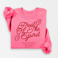 Cozy knit pullover with hand-drawn strawberry graphic and Fruit of the Spirit text.
