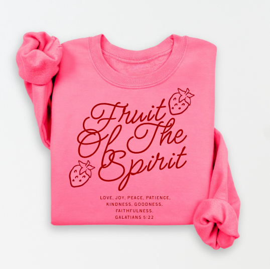 Cozy knit pullover with hand-drawn strawberry graphic and Fruit of the Spirit text.