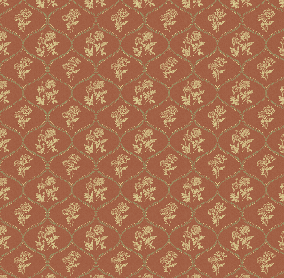 Avenly Vintage Floral Wallpaper, Sage-Green and Terracotta