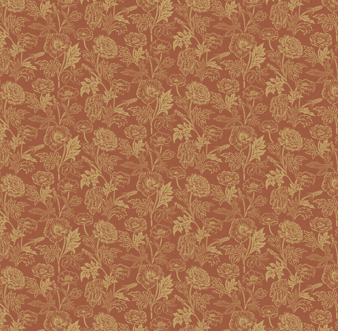 Camila Floral Wallpaper, Dark-Green, Gold and Terracotta