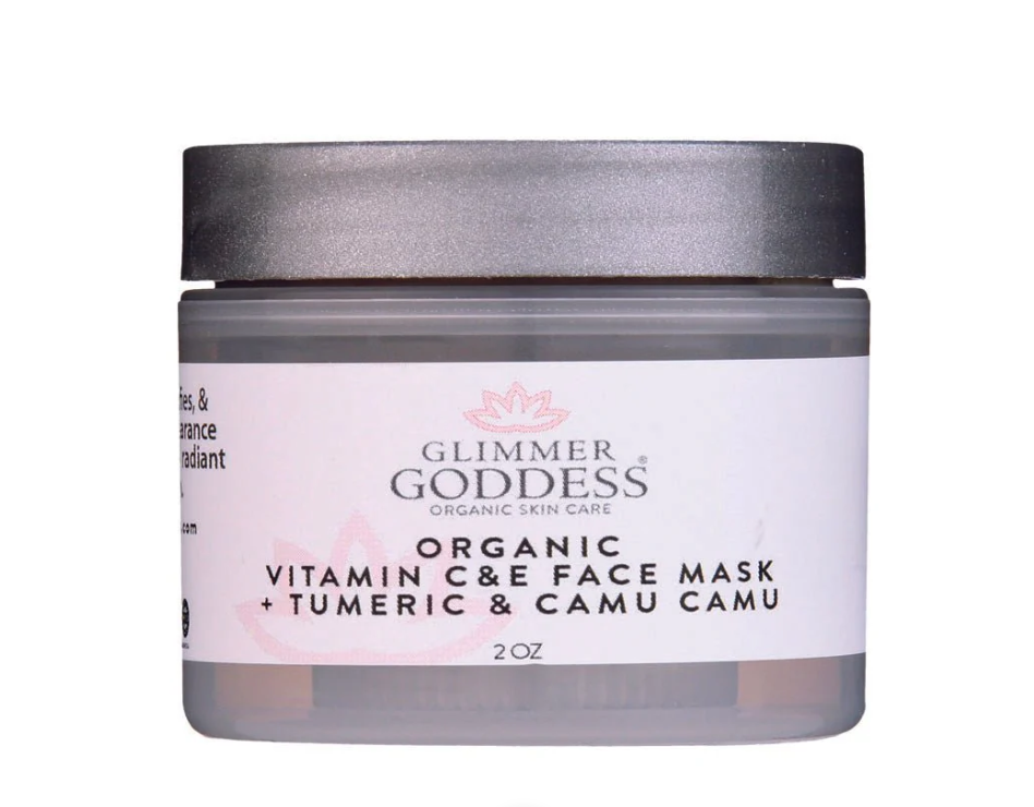 Glimmer Goddess Organic Vitamin C & E Face Mask with Turmeric and Camu Camu in a 2 oz container.