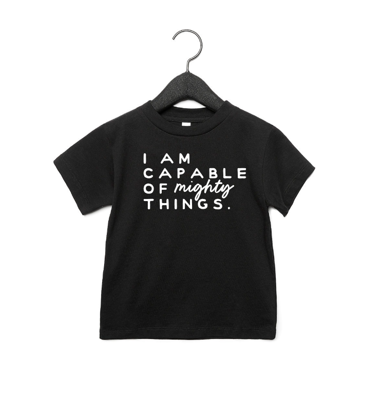 Kids inspirational I am Capable of Mighty Things graphic tee in black and white