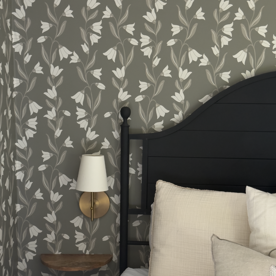 Agatha botanical floral wallpaper in sage-green, brown, and off-white