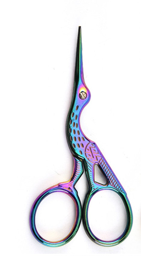 Crane-Shaped Embroidery Scissors - Rainbow Finish 3.75 Inch