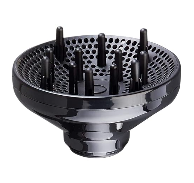 Olivia Garden Snap-On Finger Diffuser attached to a professional hair dryer for curly hair styling