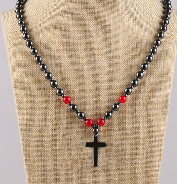 Magnetic Hematite Ball Chain Cross Necklace – Black & Red Natural Stones (24 inch.)