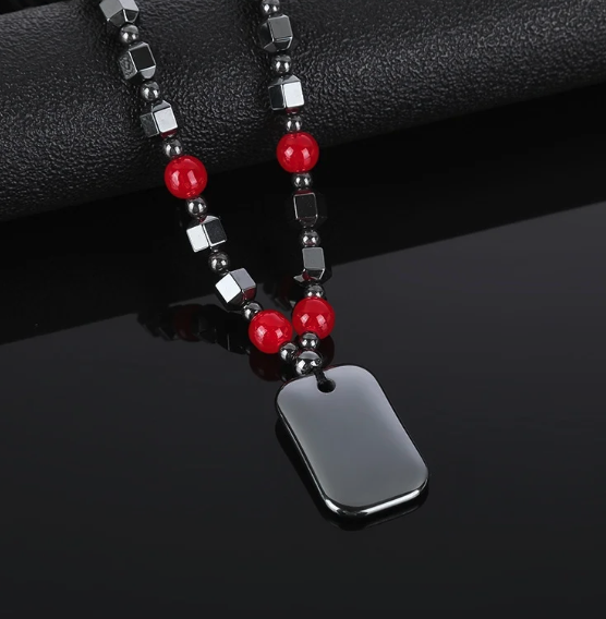 Hero Shield Magnetic Hematite Necklace – Red Power Beads + Dog Tag Pendant (Unisex Protection Jewelry)
